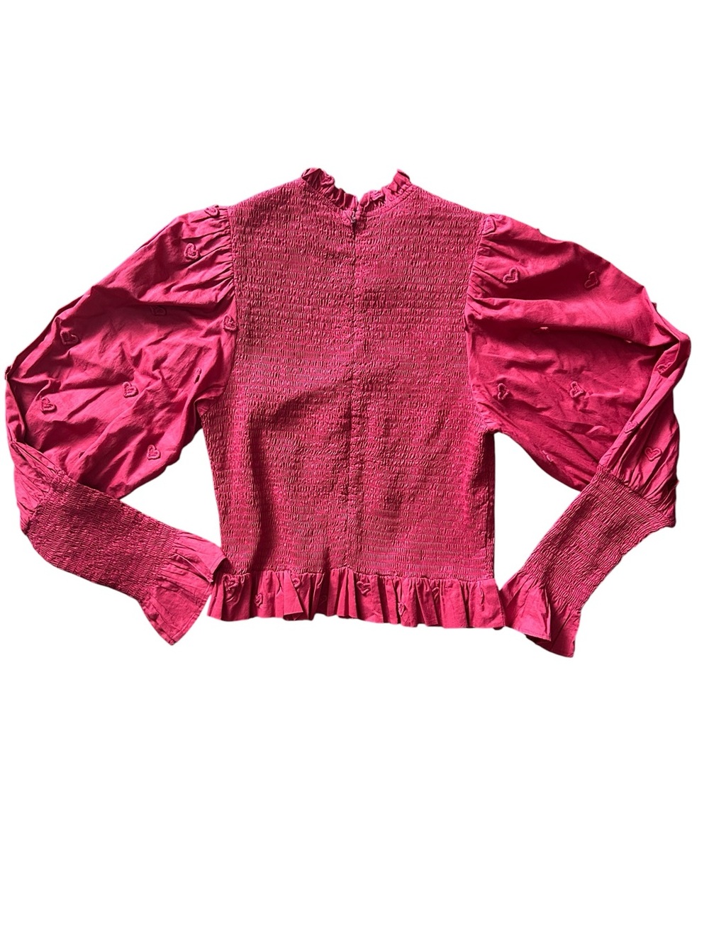 Farm Rio Women’s Large Burgundy/Maroon 3D Hearts Blouse Ruffle Smocked